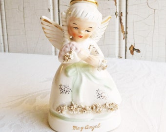 1960s Napco May Birthday Angel w/ Mother's Day Flower Bouquet - Indian Lake Ohio Souvenir - Kitschy Baby Shower Gift, Cake Topper