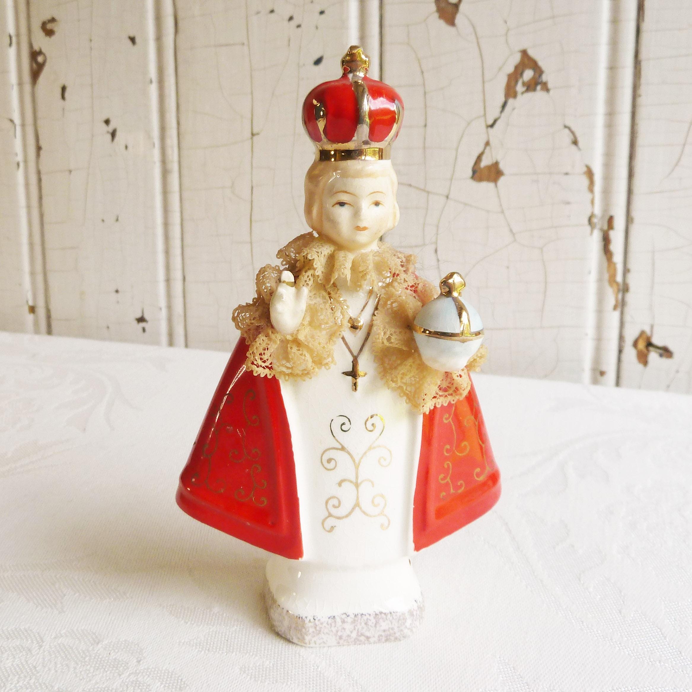 1960s Infant of Prague Statue, Dresden Lace Trim: Roman Catholic