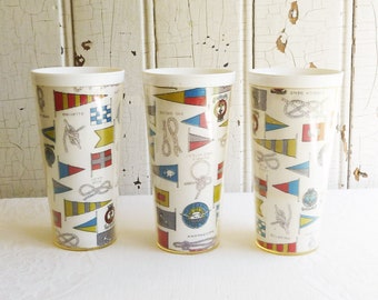 Three 1960s Nautical Theme Insulated Plastic Cups - Boat Flags & Sailor Knots Tumbler, Vintage Barware - Boat, Beach House Kitchen Decor