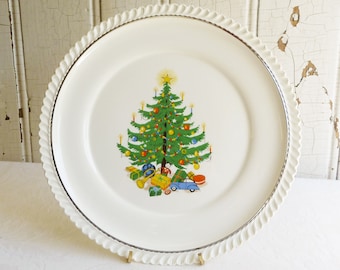 Vintage Harker Christmas Tree Plate w/ Platinum Trim - Hard to Find Holiday Plate - Retro Cookie Plate, Mid-Century Christmas Kitchen Decor