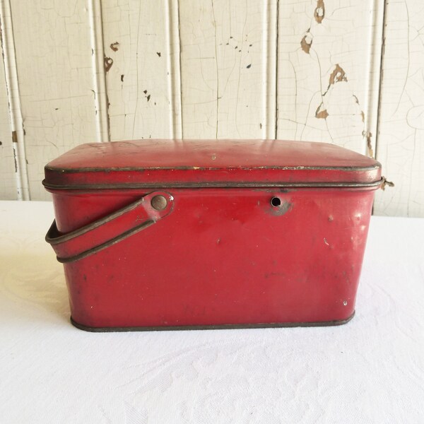 Shabby 1940s Red Painted Metal Lunch Pail w/ Hinged Lid & Swing Handle - Small Vintage Child's Tin Storage Container Box, Craft Supply