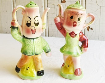 1950s Teapot and Coffee Pot Salt & Pepper Set - Elvin Japan Anthropomorphic Dancing Kettle Shaker Set - Kitschy Collector Gift