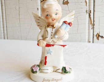 Ángel de cumpleaños del niño de julio de Napco de la década de 1950 - Estatuilla del Día de la Independencia del niño difícil de encontrar - Decoración kitsch del 4 de julio - Regalo de coleccionista