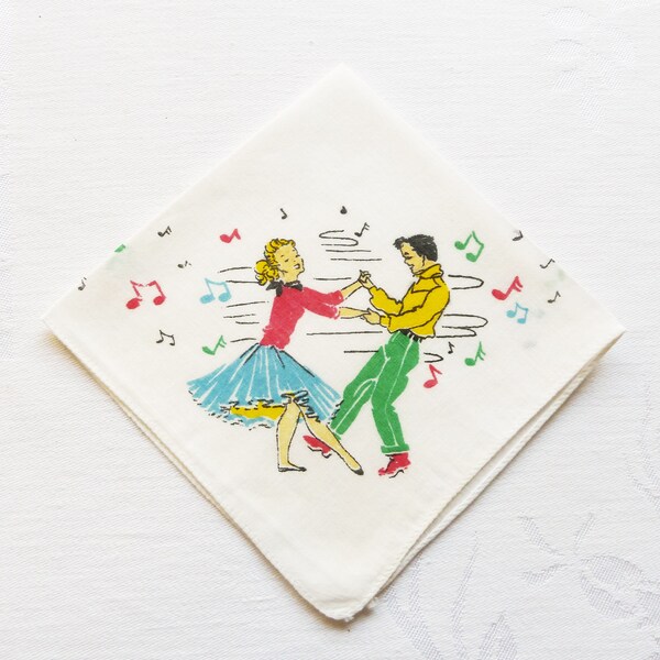 1950s Teenage Dancers Handkerchief - Mid-Century Dancing Teens Hankie, Turquoise Circle Skirt - Kitschy Collector Gift - Collectible Hanky