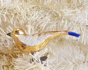 Vintage Glass Bird Christmas Tree Ornament w/ Blue Feather Tail - Clip-On Gold Bird Holiday Decoration - Bird Lover, Collector Gift