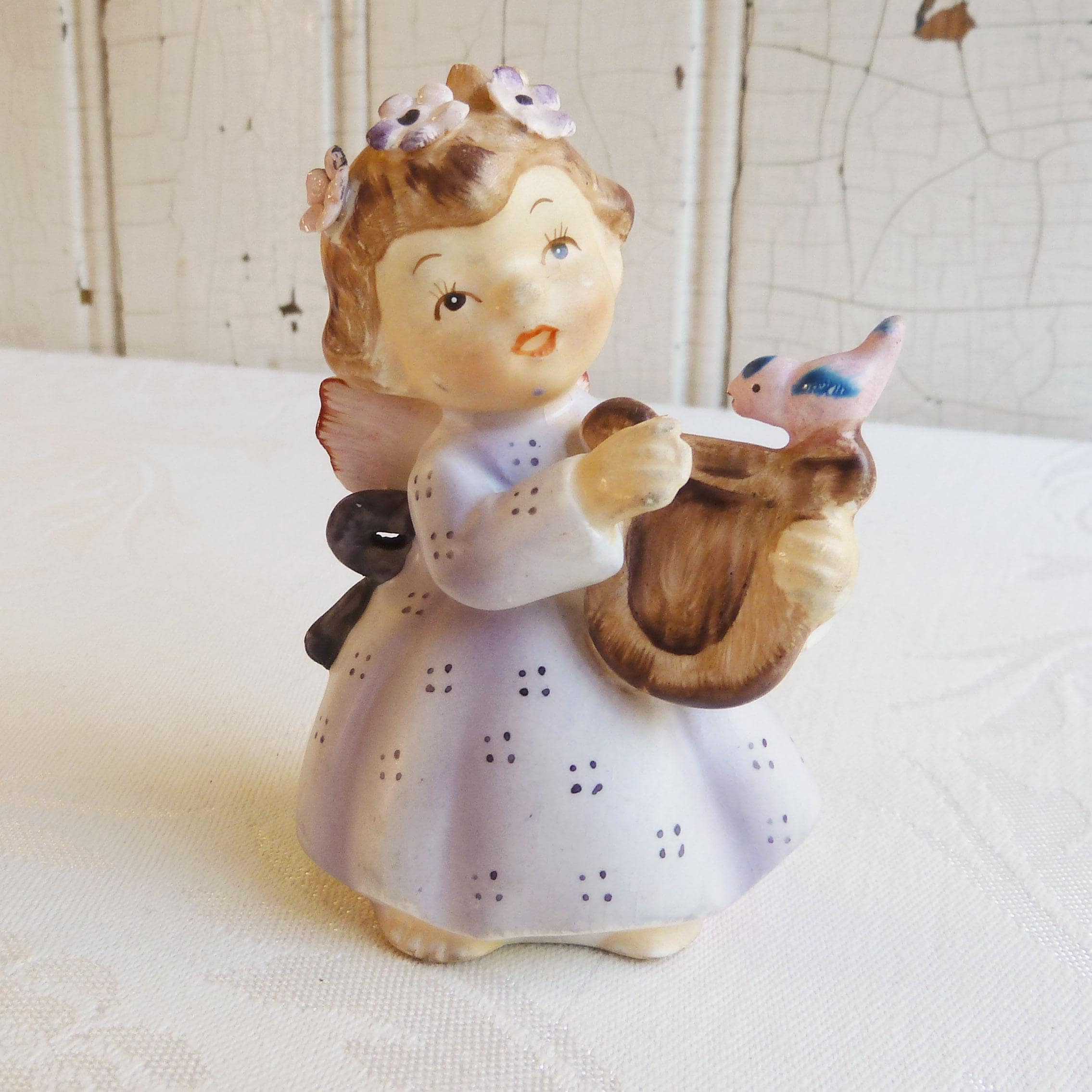 1960s Lefton Angel Figurine Playing a Harp or Lyre, Pink and Blue