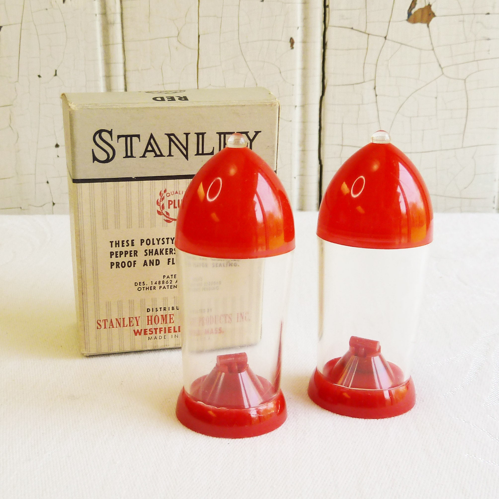 1960s Red Stanley Ball Point Tip Salt & Pepper Shaker Set 