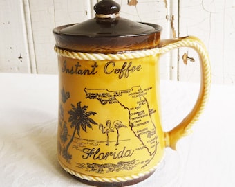 1970s Instant Coffee Container, Florida Souvenir - Canister w/ State Map, Flamingos - Retro Floridiana - 70s Kitchen Decor - Beach House, RV