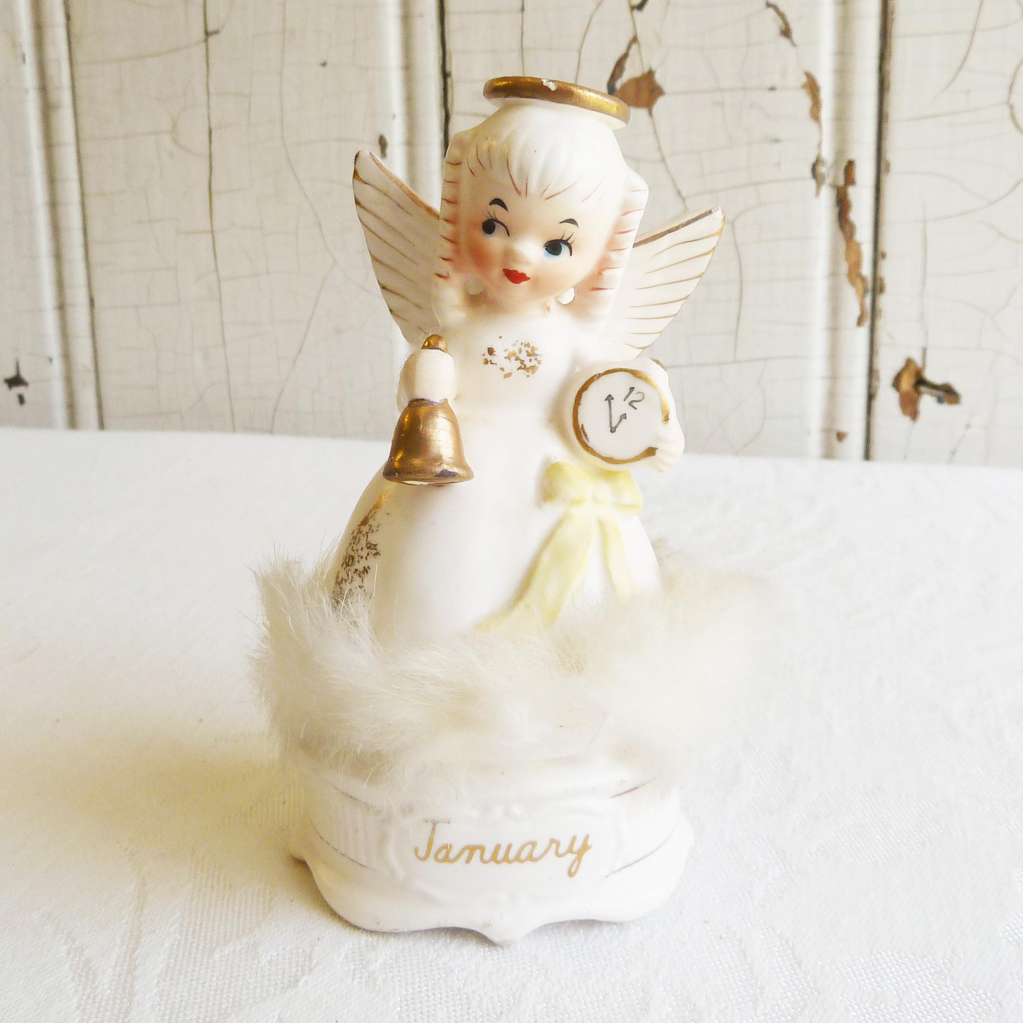 1950s Napco January Birthday Angel Figurine: Real Fur, Kitschy