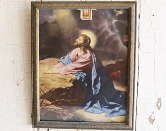 Imagen de Cristo en Getsemaní de la década de 1950, marco de madera - Jesús enmarcado orando en el jardín colgante de pared espiritual - Decoración de pared religiosa vintage