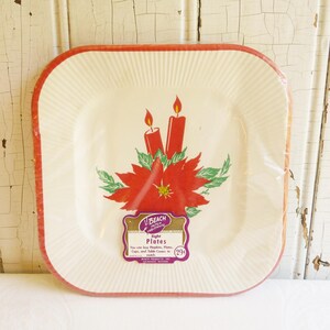 1960s Christmas Paper Plates, Original Unopened Package - Square w/ Poinsettias & Candles, Lot of Eight - Mid-Century Holiday Party Supply