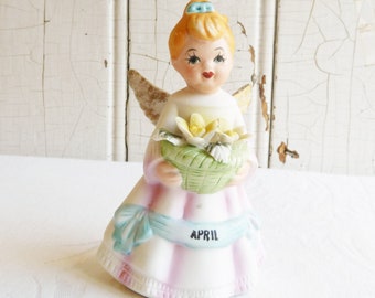 Vintage April Birthday Angel w/ Yellow Flowers - 1970s Bisque Girl Angel Figurine, Taiwan - Kitschy Spring Decor - Collector Gift