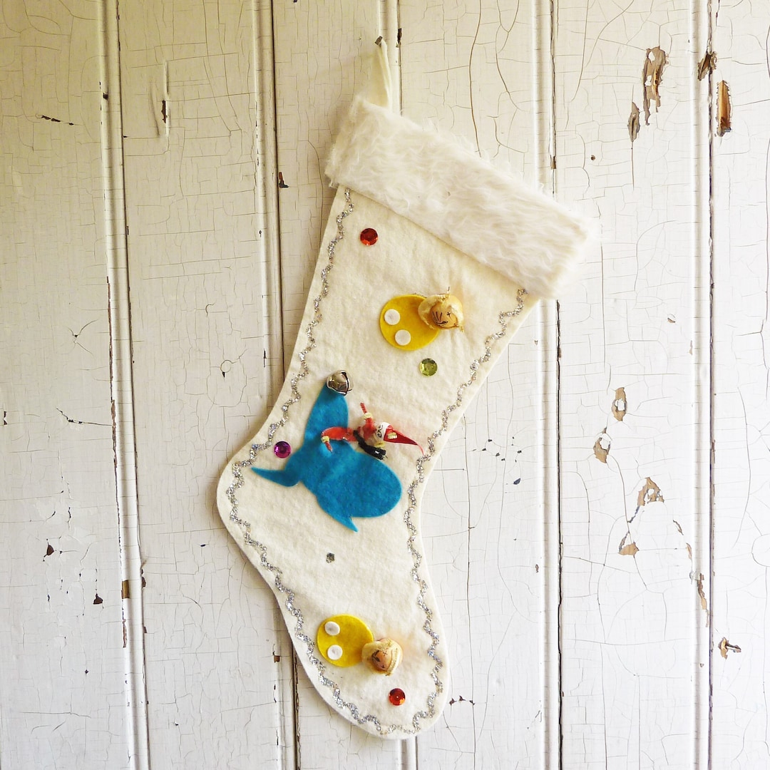 Vintage White Felt Christmas Stocking W/ Spun Cotton Lions Etsy