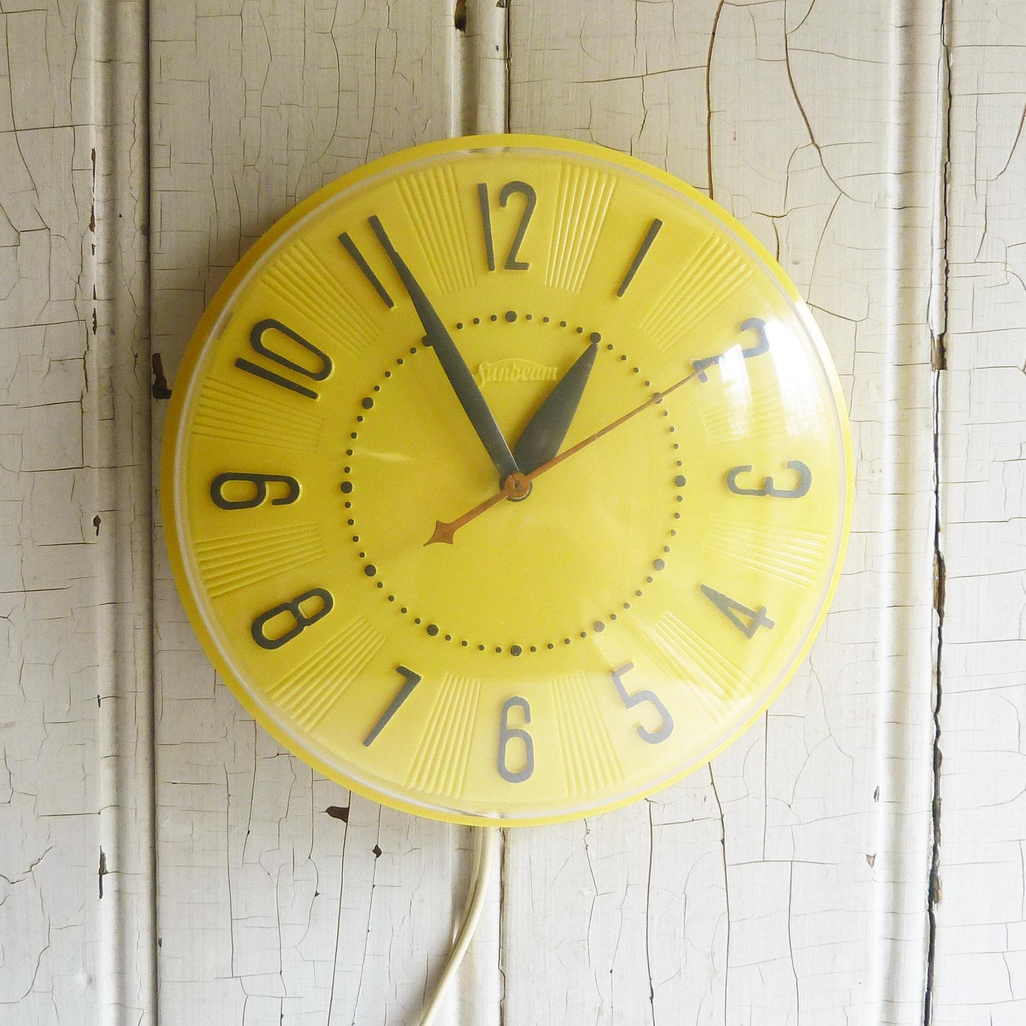 1950s Yellow Sunbeam Kitchen Wall Clock w/ Original Box - Works Well, Excellent Condition - Sunny Yellow Kitchen Decor