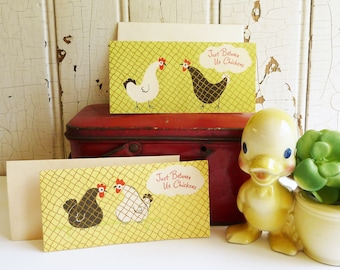 1950s 'Just Between Us Chickens' Unused Blank Note Card w/ Envelope - Black, White Chickens, Yellow or Chartreuse Card - Gibson Letter-ette