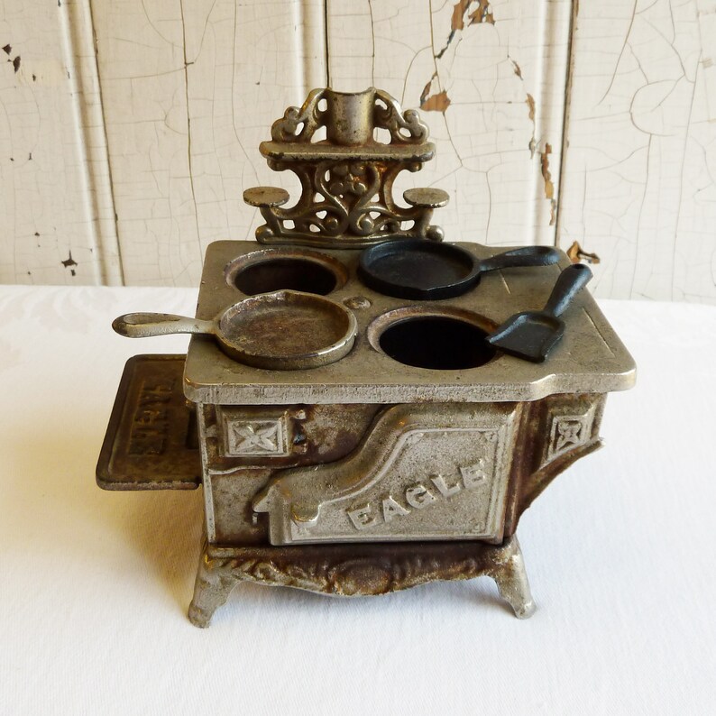 Antique Eagle Cast Iron Toy Stove & Two Skillets Shovel Etsy