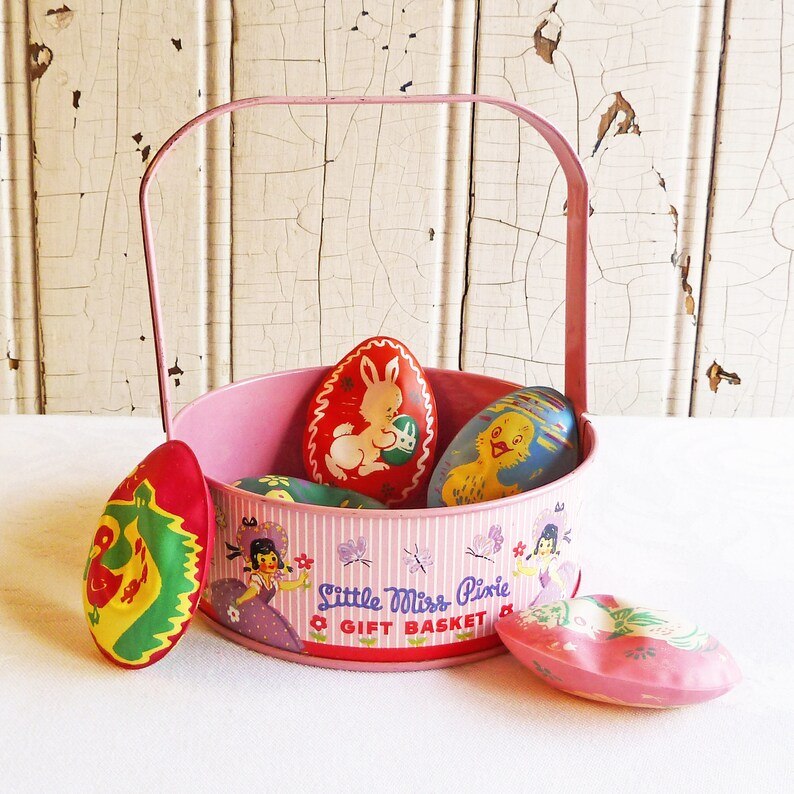 Mid Century Little Miss Pixie Tin Basket Pink Striped Hard To Find 1960s Container Kitschy Easter Decor Vintage Spring