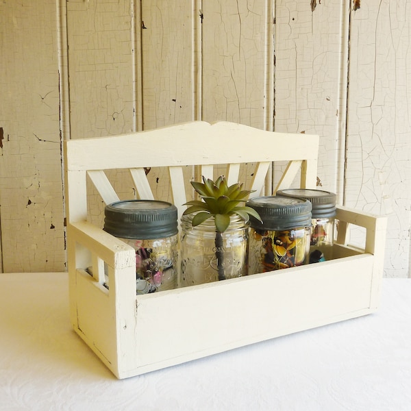 Vintage White Painted Wood Bench Plant Holder or Garden Shelf - Tabletop Hand Made Open Storage Container - Cottage Chic, French Country