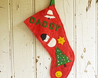 Vintage DADDY Felt & Sequin Christmas Stocking - Snowman, Tree, Star and Happy Face - Hand Made Kitschy Christmas Decoration