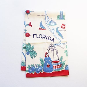 Paño de cocina de recuerdo de Florida de mediados de siglo - Paño de cocina con mapa del estado anterior a Disney - Coleccionable vintage de Florida - Decoración de casa de playa, barco y cocina