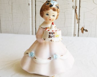 1960s Shafford Happy Birthday Girl with Birthday Cake - Kitschy Birthday Gift or Cake Topper - Collectible Figurine, Collector Gift