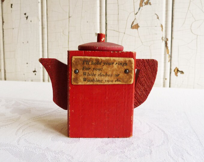 Vintage Hand Made Wood Teapot Ring Holder Homemade Rustic Folk Art Red