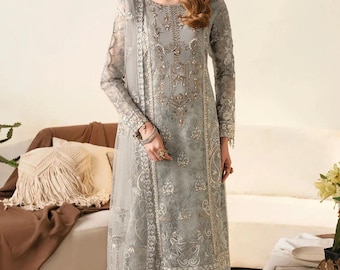 Traje pakistaní bordado en gris plateado para mujer, color champán, con trabajo de cristal, salwar kameez y dupatta, ropa tradicional india para bodas y fiestas, atuendo para Eid.