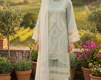 Traje pakistaní bordado verde menta para mujer, lujoso salwar kameez de césped, dupatta blanca, tradicional indio para Eid, elegante vestido de fiesta con encaje.