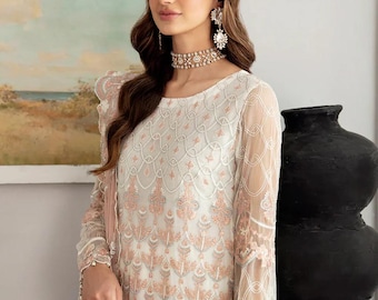 Traje pakistaní de lujo con bordado rosa rubor, salwar kameez y dupatta de red, vestido tradicional indio para bodas y fiestas de Eid, color champán.