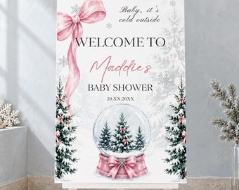 Baby It’s Cold Outside Welcome Sign Template | Pink Winter Baby Shower Sign | Christmas Canva Sign | A Little Snowflake Girl 18x24 & 24x36