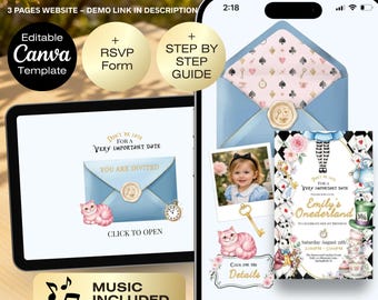 Alice in Wonderland Invitation, Onederland Invitation, 1st Birthday Girl Invitation, Whimsical Tea Party Invite, with RSVP | Baby shower