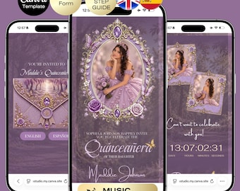 Quinceañera Enchanted forest Invitation with RSVP | Lilac Purple Gold 16 Website Editable Trackable RSVP | Royal Fairytale English Spanish