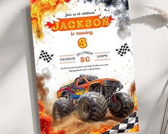 Monster truck birthday invitation digital hot monstertruck rally car off-road wheels pick-up birthday invite boy personalized canva template