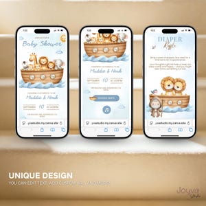 May include: Three smartphones displaying baby shower invitations. The invitations feature a watercolor illustration of an ark with animal characters. The text includes the names "Maddie & Noah", date, time, and location. The bottom of the image reads "UNIQUE DESIGN YOU CAN EDIT TEXT, ADD CUSTOM URL, AND MORE!"