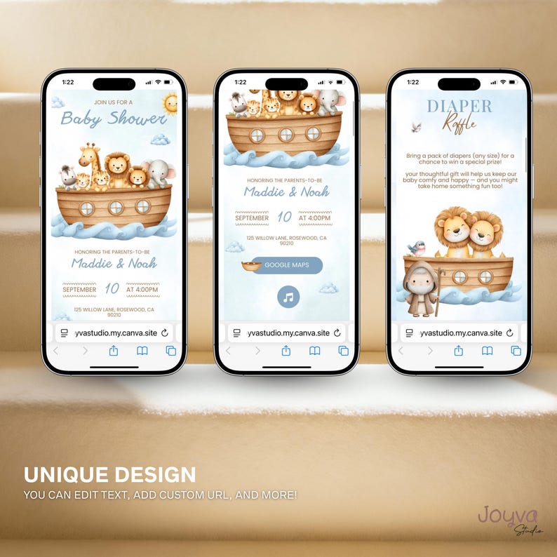 May include: Three smartphones displaying baby shower invitations. The invitations feature a watercolor illustration of an ark with animal characters. The text includes the names "Maddie & Noah", date, time, and location. The bottom of the image reads "UNIQUE DESIGN YOU CAN EDIT TEXT, ADD CUSTOM URL, AND MORE!"