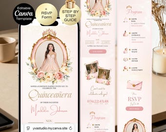 Quinceañera Digital Invitation with RSVP | Sweet 16 Website Editable Trackable RSVP & Countdown, 15th Birthday Online Invite Canva Template