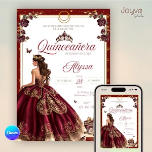 May include: A quincea&ntilde;era invitation with a burgundy and gold design. The invitation features a detailed illustration of a woman in a ball gown, the text "Quincea&ntilde;era", and event details. A smartphone displays the same invitation.