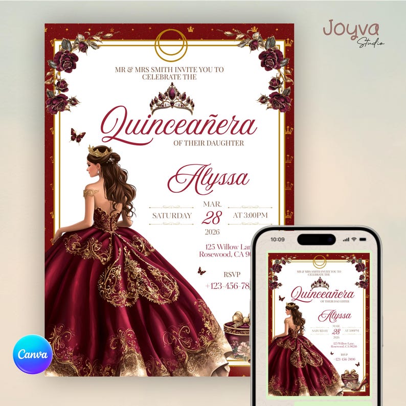 May include: A quincea&ntilde;era invitation with a burgundy and gold design. The invitation features a detailed illustration of a woman in a ball gown, the text "Quincea&ntilde;era", and event details. A smartphone displays the same invitation.