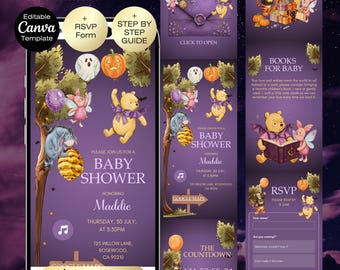 Könnte beinhalten: Eine digitale Babyparty-Website-Vorlage mit Winnie Puuh-Figuren in einem violetten Halloween-Design. Das Layout enthält Illustrationen von Puuh, Ferkel und I-Aah sowie Text für Veranstaltungsdetails, einen Countdown, Buchwünsche und ein RSVP-Formular.