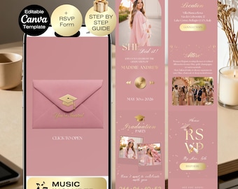 Graduation Invitation Website | Class of 2026 Graduation party | Graduation Invite with RSVP | Pink gold Grad 2026 | He She did it