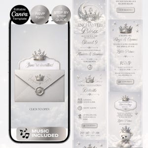 May include: A digital baby shower invitation template for mobile phones featuring a silver color palette with crown motifs, clouds, and stars. The design includes text such as You're invited, An Enchanted Prince, and RSVP, with an interactive envelope graphic.
