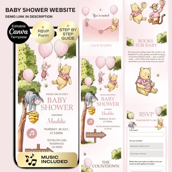 Winnie Pooh Baby Shower Invitation Website with RSVP | Girl Baby Shower | Baby Shower Invitation Theme | Digital Download | Bear Baby shower