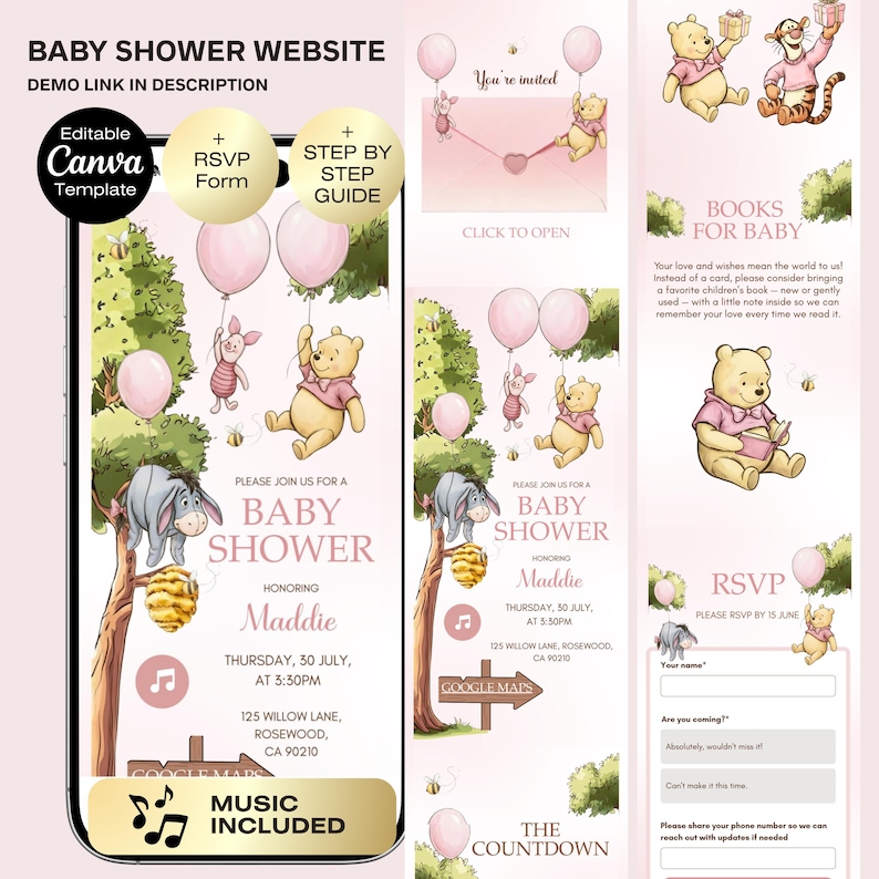 May include: A baby shower website template with Winnie the Pooh characters, pink balloons, and event details. The design includes editable Canva elements, an RSVP form, and a step-by-step guide. The invitation includes the text "Baby Shower" and "Maddie".