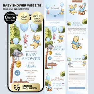 May include: A baby shower website template featuring Winnie the Pooh characters. The design includes invitations, RSVP forms, and a countdown timer. The color scheme is soft blue and yellow, with illustrations of Pooh, Piglet, and Eeyore.
