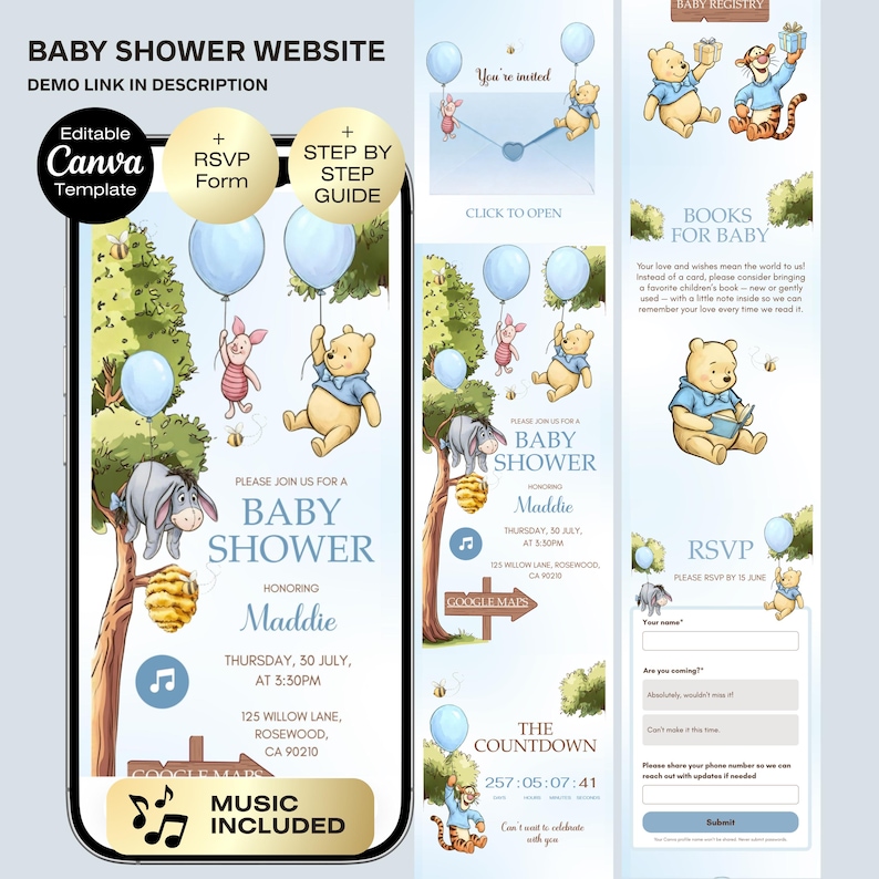 May include: A baby shower website template featuring Winnie the Pooh characters. The design includes invitations, RSVP forms, and a countdown timer. The color scheme is soft blue and yellow, with illustrations of Pooh, Piglet, and Eeyore.