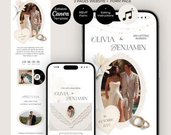 Ivory Lace Save the Date Website Canva Template with RSVP | Digital Wedding Invitation with RSVP, Music & Countdown | Old money Wedding web