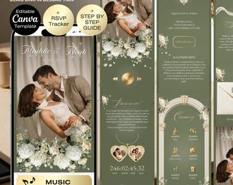 May include: A wedding website template on a smartphone screen, featuring a couple's photo, floral accents, and event details. The design includes editable Canva elements, RSVP tracker, and a step-by-step guide. The text includes "Wedding Website" and "Music Included."