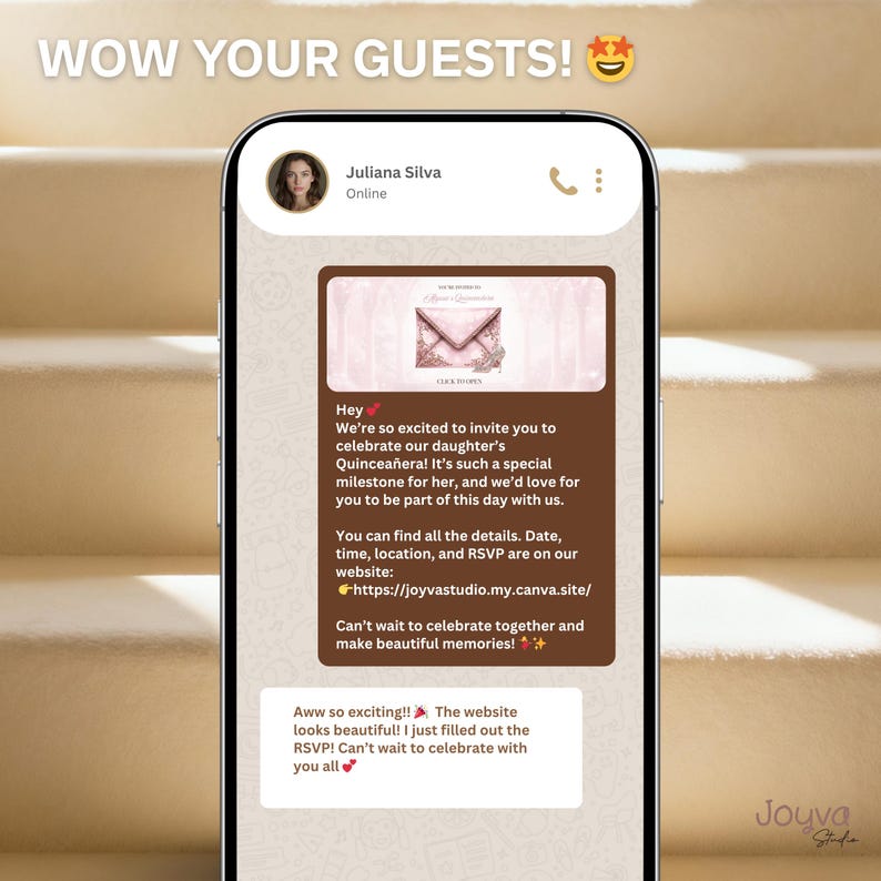 May include: A smartphone screen displays a Quincea&ntilde;era invitation message. The message includes details about the event and a website link. The background is a light brown gradient.