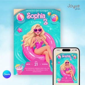 Editable Pool Party Birthday Invitation, Pink Fashion Doll Theme, Girls Summer Party Invite, Cute Digital Download for Kids