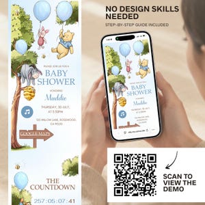 May include: A baby shower invitation design featuring Winnie the Pooh characters, blue balloons, and the text "Baby Shower." The invitation includes event details and a countdown timer. A smartphone displays the invitation.